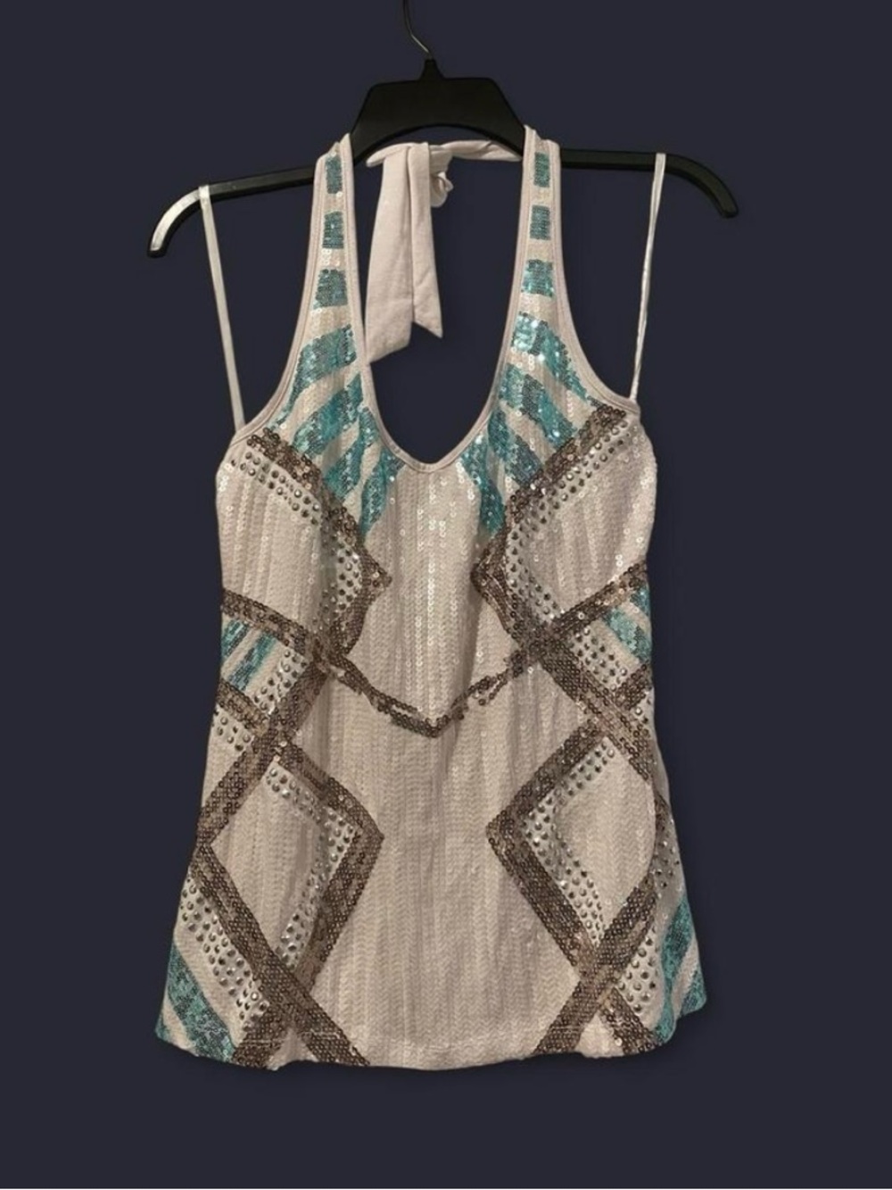 2B Bebe White Halter Camisole with Teal and Silver Sequin Accents